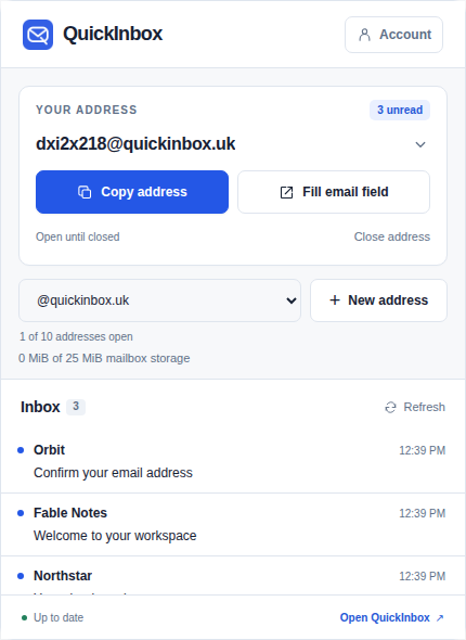 QuickInbox extension with an address ready to copy and three incoming messages