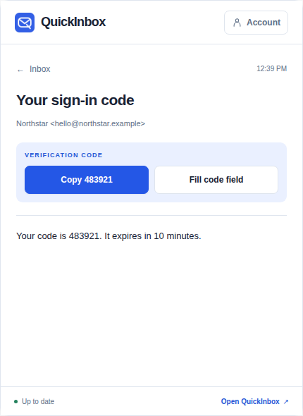 A verification email in the extension with copy and fill code actions